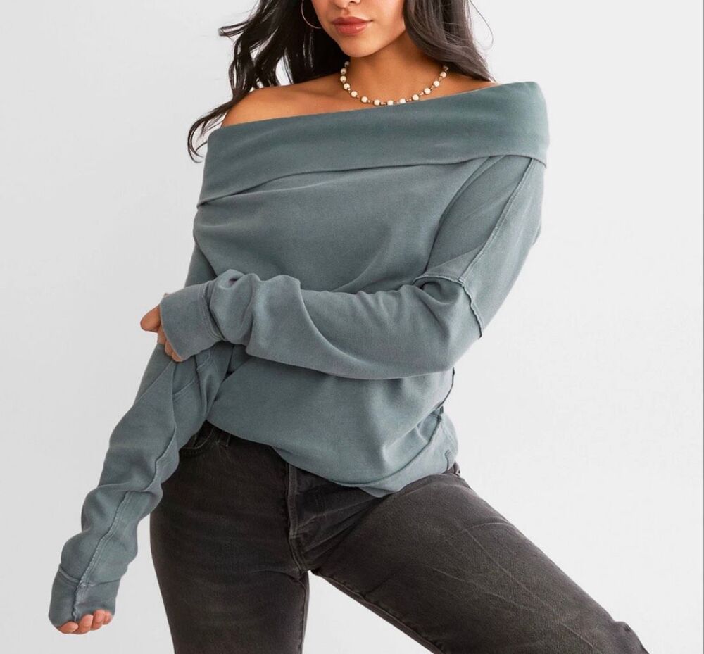 Free People We The Free Not The Same Tee Off Shoulder Steel Sea XS NEW